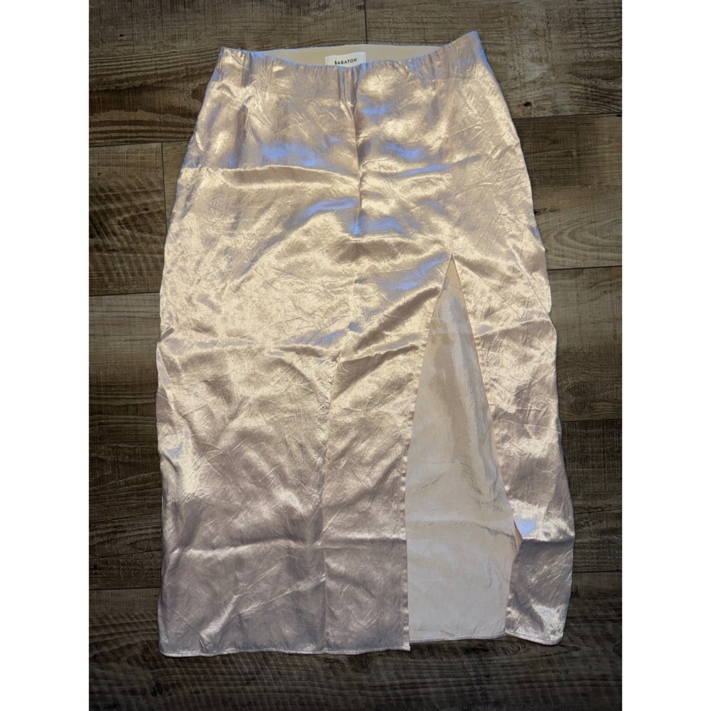 Babaton Aritzia Champagne Satin Midi Skirt Side Slit Pink Beige Size 2